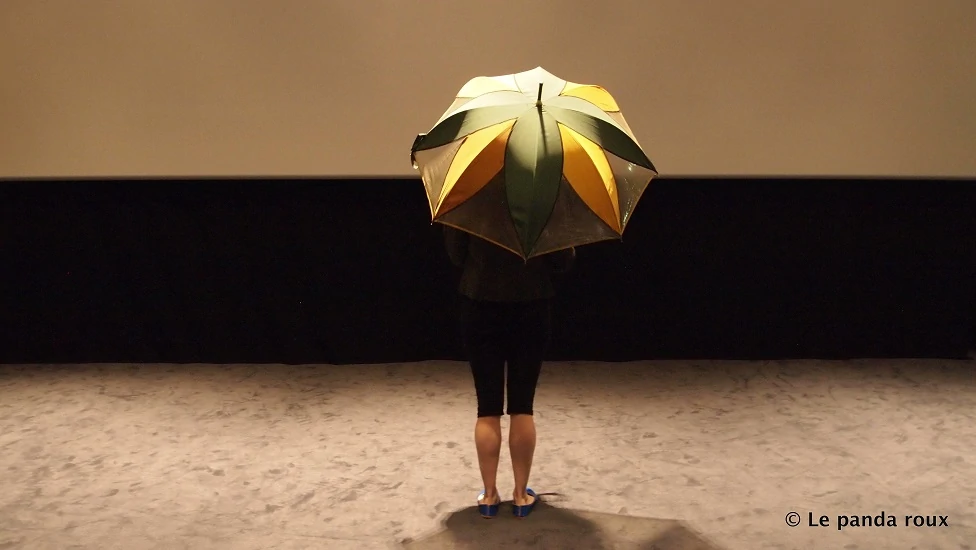 photo de spectacle la fée parapluie cachée sous un parapluie à motifs de feuilles d'aitomne tourne le dos au public