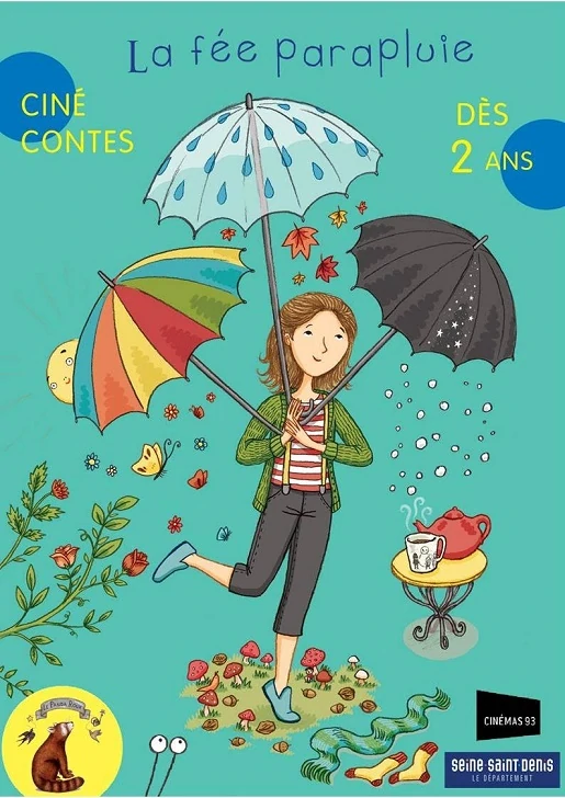 affiche de spectacle une jeune fille en marinière sautille en tenant dans ses bras trois parapluies desquels tombent des fleurs de la neige et des feuilles d'automne