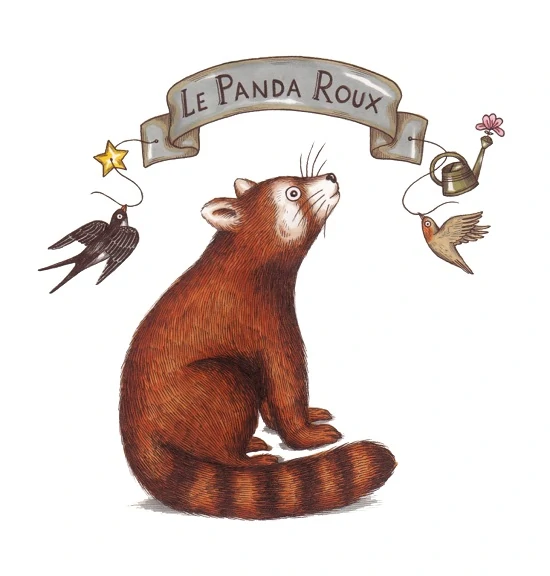 logo d'association avec un panda roux assis sur ses fesses qui regarde en l'air avec dse fleurs et des oiseaux autour de lui