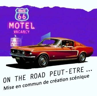 logo des rencotnres on the road peut etre une jeune femme en voiture américaine rouge est garée devant un motel illuminé aux néons sur fon violet