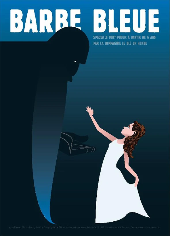 affiche de spectacle dessin d'une petite fille en robe blanche qui tend la main vers le personnage de Barbe Bleue démesurément grand