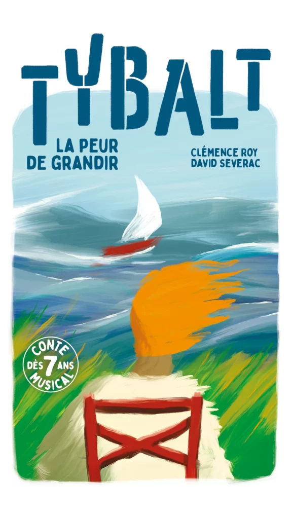 un petit garçon assis sur une chaise nous tourne le dos et regarde un bateau qui vogue vers le large sur une mer agitée